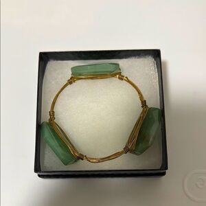 Goldtone Bangle Bracelet with 3 Large Faceted Green Chalcedony Stones. Size 7.5.